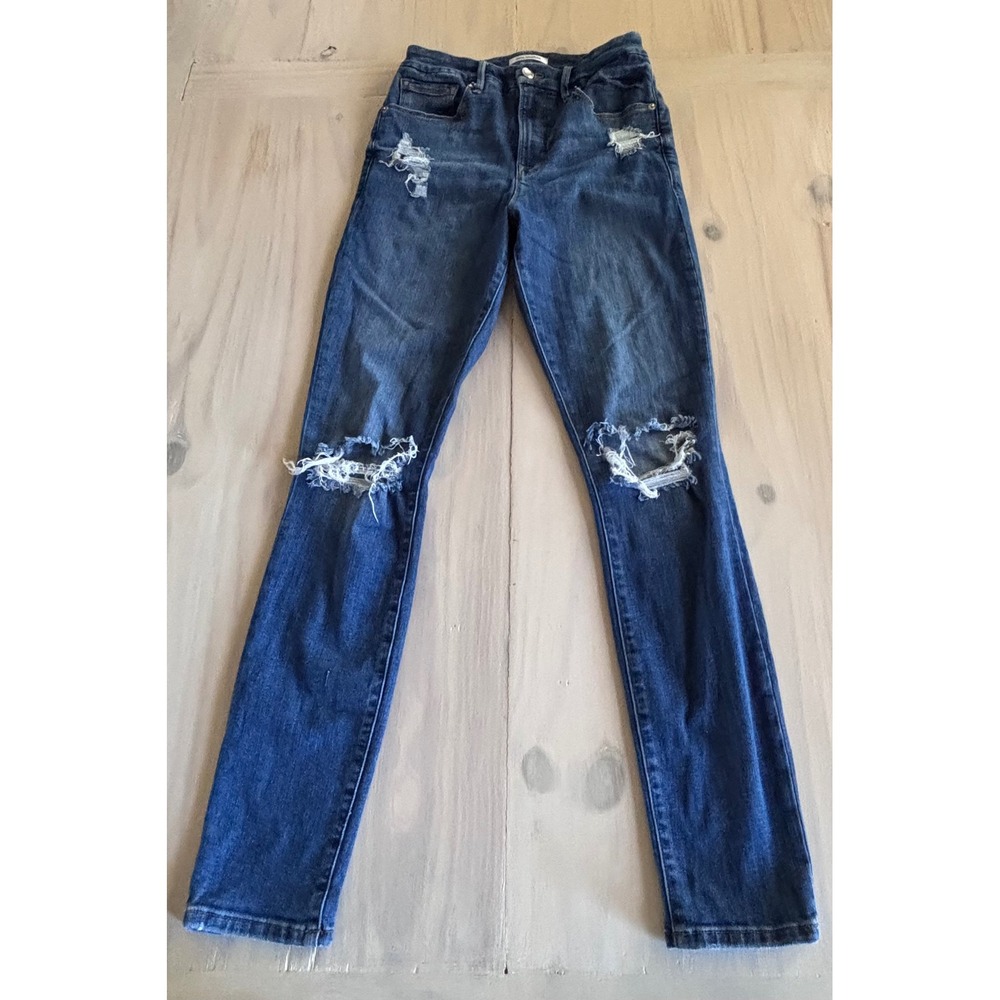 Good American Good Waist Skinny Distressed High Rise Jeans Blue 6/28 GWSPB899T